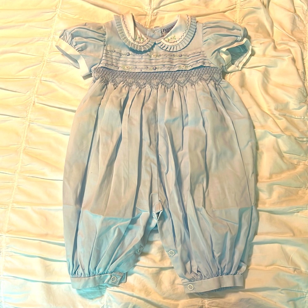 Light blue smocked jumpsuit 6m